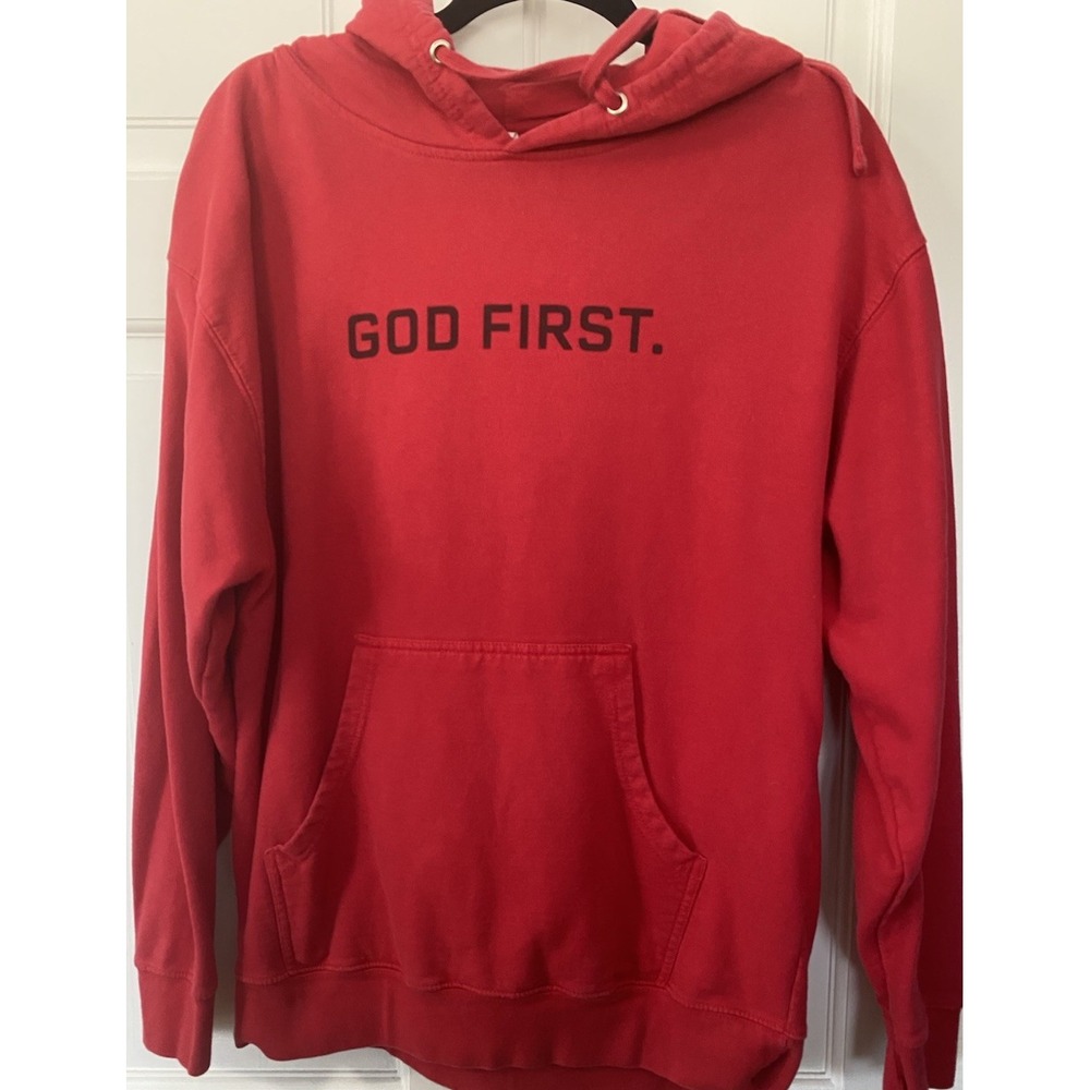 Independent Trading Company "God First" Red Hoodie SZ LRG Church Drawstring - Picture 1 of 11